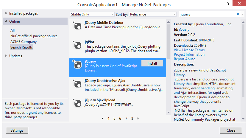 Visual Studio showing upstream packages