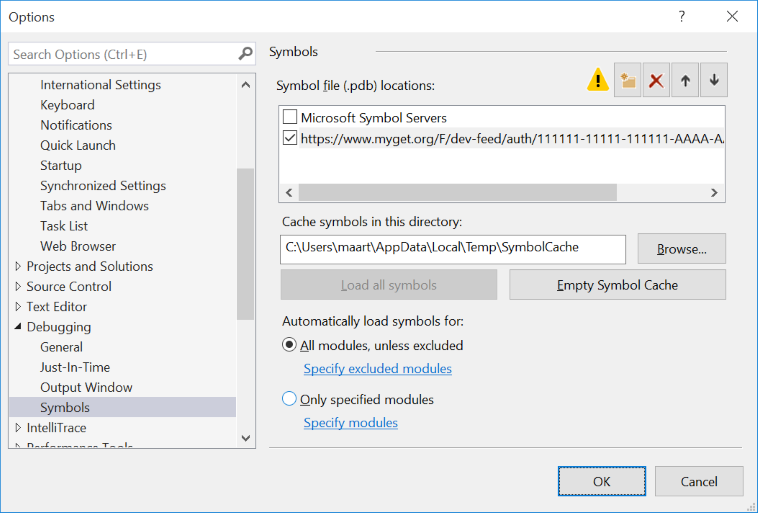 Visual Studio symbol server settings
