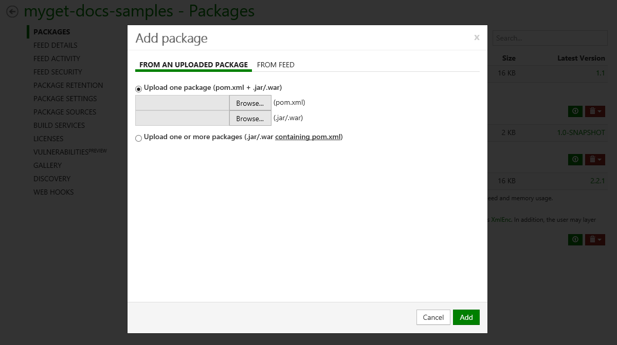 Upload package or add package from Maven Central