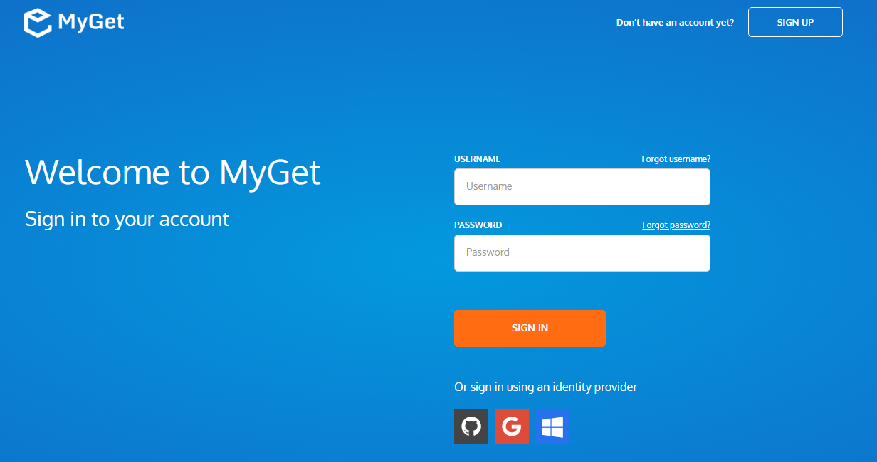Use an existing identity or create a MyGet account from scratch.