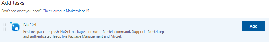 Add the NuGet build task to your VSTS Build Definition
