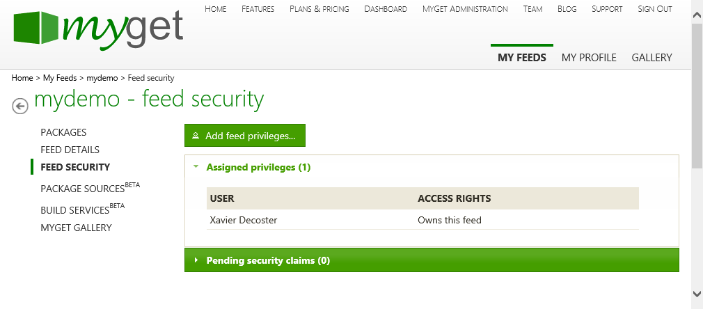 The Feed security tab which enables you to assign specific privileges to other users