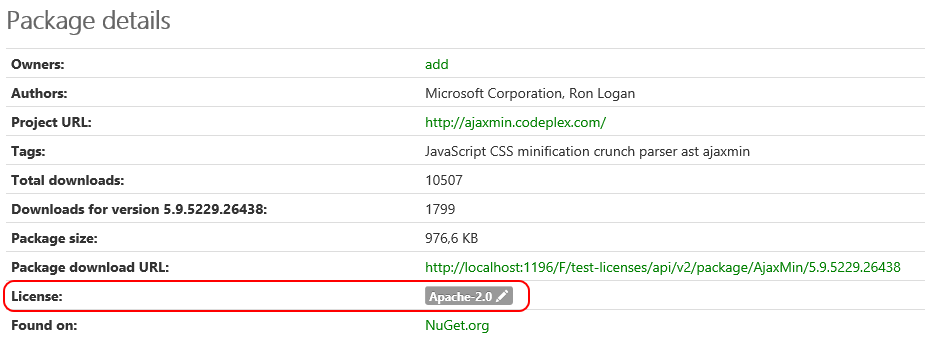 License report for an individual NuGet package