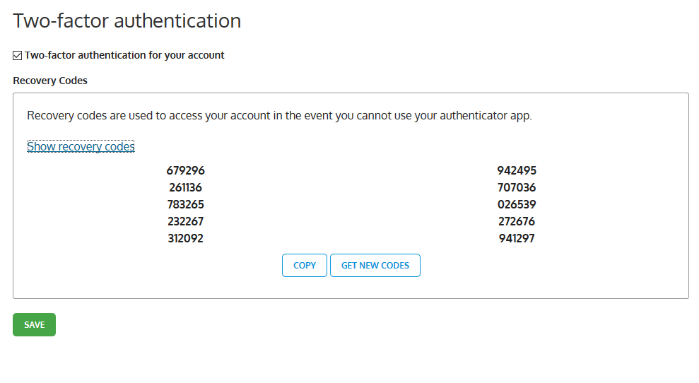 Show recovery codes.